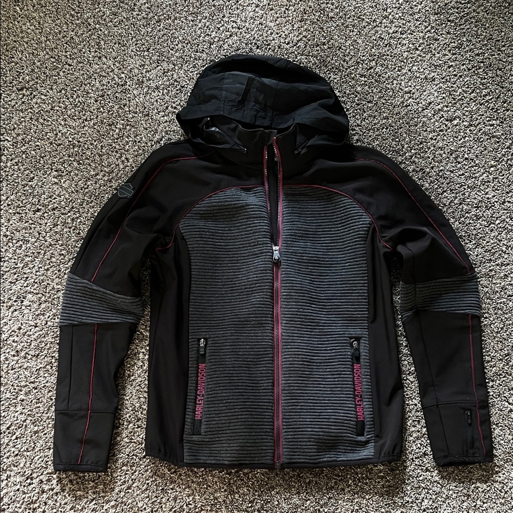 Women’s Harley- Davidson Jacket Black and Gray Hooded Jacket with Red Accents
